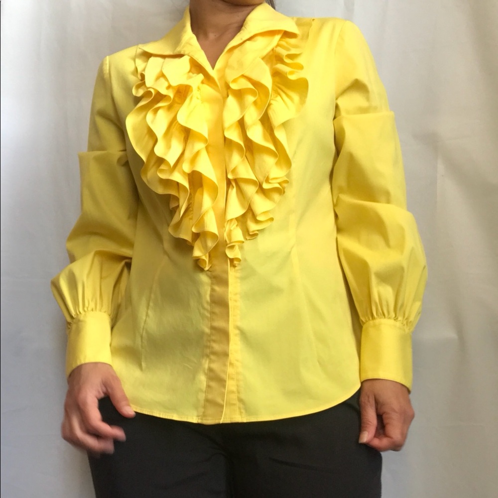 Lafayette 148 Yellow ruffle, button down shirt - Picture 3 of 6